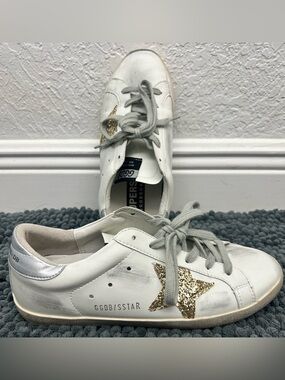 Golden Goose Gold-Accent White Leather Sneakers with Glitter Star look like